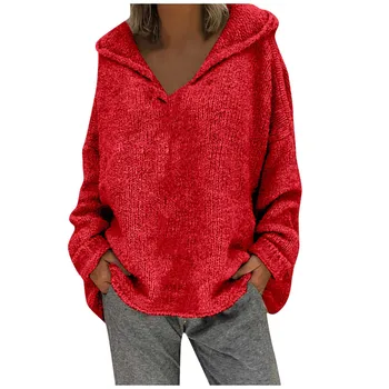 Kvinder Mode Løs i Stor Størrelse Solid Farve Hætte, Lange Ærmer Sweater Toppe, Mode, retro design vinteren mænds sweater med V-hals top