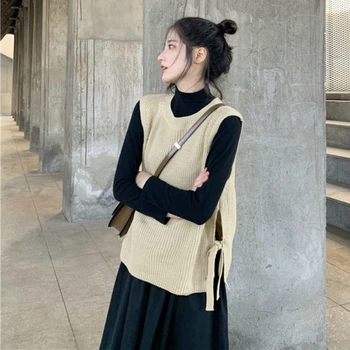 Sweater Vest Kvinder Fast Side-slids, Casual Løs Søde Trøjer Dame Forår Alle-match Designet koreansk Stil O-hals Outwear Ny