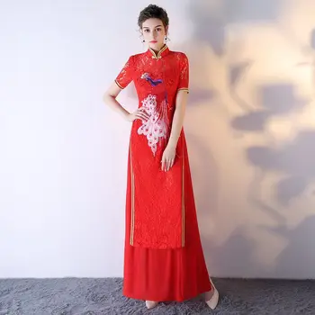Traditionel Kinesisk Kjole Bryllup Qipao Embroidey Peacock Patchwork Blonde Korte Ærmer Ao Dai Vietnam Traditionelle Kjole F1667 L