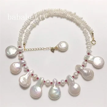 Nye Naturlige Ferskvands-Hvidt lys lilla Barok Uregelmæssig Perle halskæde i Tibetansk Sølv lås