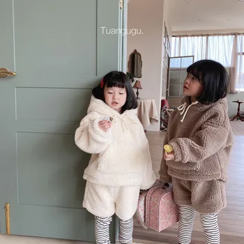 2020 Vinter Nye koreanske Børn Plus Velvet Fortykkelse Falske To-piece Suit Pige Mao Mao Pullover Børn Flannel Sæt Baby Buksetrold