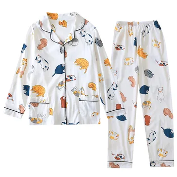 Efteråret Damer Pyjamas Kort-langærmet Toppe med Lange Bukser Bomuld To-stykke med Hjem, der Passer til Damer Hjem Nattøj Pijama Mujer