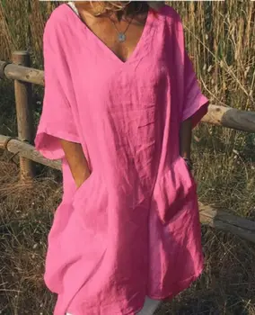 Kvinder V-hals Boho Half Sleeve Sommeren Sundress Ladies Løs Afslappet Strand Kjole Skjorte Plus Størrelse
