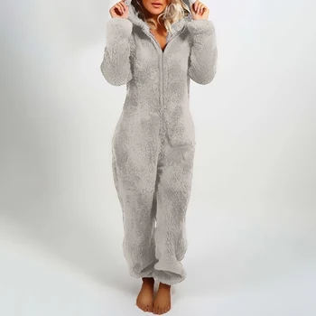 Kvinder er Bløde Buksedragt Fall Winter Varme Pyjamas Fluffy Fleece Romper Nattøj Samlede Hætte Lynlås Ene-Dragter Plus Størrelse
