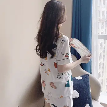 Japansk Stil Kvinder Sommer Bomuld Pyjamas Sæt Kawaii Tegnefilm Miaver Katten Korte Ærmer Nattøj Revers V-Hals Loungewear