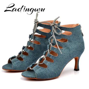 Ladingwu Latin dance sko til Kvinder, Denim Blå Dans støvler bred tynd, høj hæl på 10-6cm Salsa Ydeevne, Balsal Dans Sko