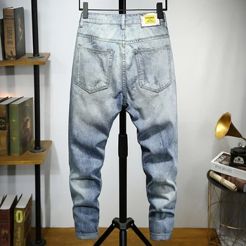 Ny mænds lyse ripped jeans, tynde fødder flået knæ rippet hip hop, street fashion jeans denim bukser