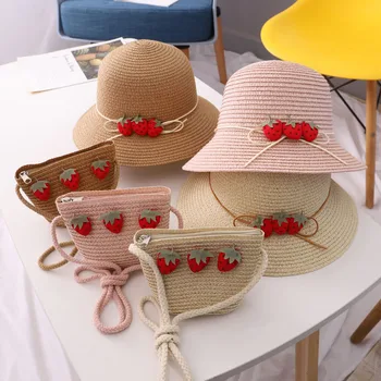 2stk Strawberry Summer stråhatte Med Håndtaske for piger Stranden i Panama Hatte solskærm Hat gorras