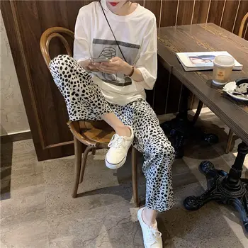 Bukser Kvinder Leopard Printet Fritid Nyeste Mode Søde Piger Høj Talje Oversize Bred Ben Bukser Koreansk Stil Trendy Kvinde