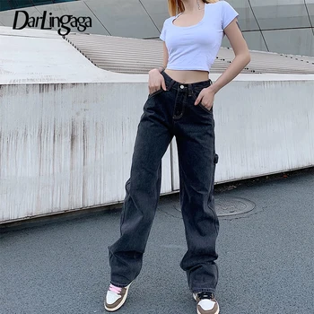 Darlingaga Streetwear Lige Bomuld Solid Denim Bukser Bånd Casual Jeans Med Høj Talje Cargo Bukser Kvinder Bukser Bunden Tøj