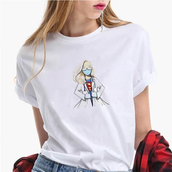 LUSLOS Superhelt Sygeplejerske Udskrive Tegneserie T-Shirt Kvinder kortærmet Sommer Casual Hvide T-shirts Kvindelige t-Shirts Streetwear Toppe