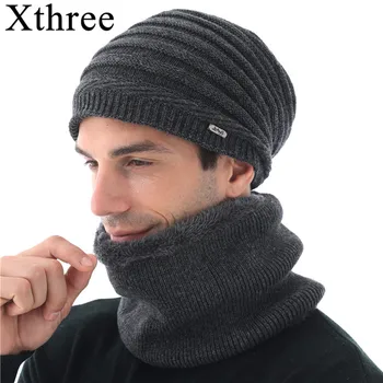 Xthree Vinter Skullies Hat Huer Strikket Uld Hat, Tørklæde Med Foring Mandlige Gorras Bonnet Huer Til Mænd Beanie
