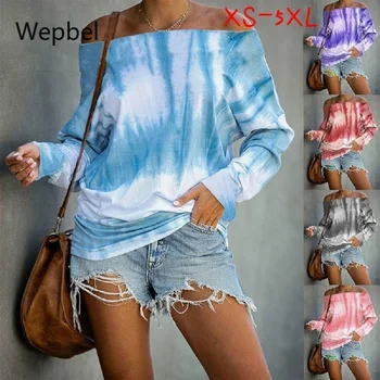 WEPBEL Kvinders Langærmet Tshirt Mode Off-Shoulder Tie-Dye Trykt t-shirts Mode Kvindelige Pullovere Plus Størrelse Løse Toppe