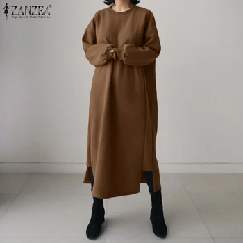 Stilfulde Kvinder Efteråret Sweatshirts 2021 ZANZEA Uregelmæssige Hættetrøjer Casual Kjole med Lange Ærmer Maxi Vestidos Plus Size Solid Robe 5XL