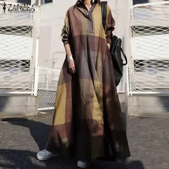 2021 Efteråret Ind Sundress ZANZEA Kvinder Afslappet langærmet Maxi Vestidos Mode Plaid Arbejde Shirt Drss Kvindelige Robe Plus Størrelse