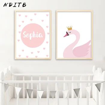 NDITB Personlige Navn Brugerdefinerede Plakat Tegnefilm Pink Swan Børnehave Print Maleri Dekorative Billede Baby Piger Stue Dekoration