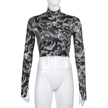 ArtSu Dragon Print Mode Bodycon Tshirt Kvinder Dyr Streetwear Efteråret Afgrøde Top Rullekrave, Tynde t-Shirts Casual TS52490