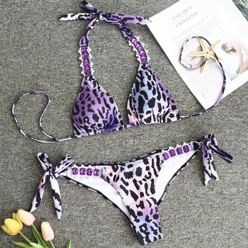 2019 Krystal Diamant Badedragt Badedragt Brasilianske Biquini Sexet Bandage Bikini Sæt Leopard Print Badetøj Badetøj Til Kvinder