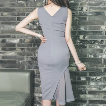 Fashion kvinder komfortabel, elegant ærmeløs formel kjole nye ankomst sexet temperamentsfulde klassisk grå chiffon blyant kjole