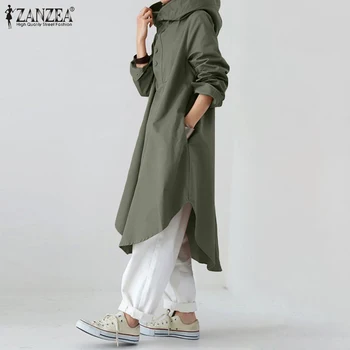 2021 ZANZEA Kvinder Sundress Mode Efteråret Hætte Trøjer med Lange Ærmer Kjole Kaftan Robe Femme Knapper Shirt Vestidos Plus Størrelse