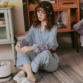3xl Yukata Kimonoer Pyjamas Sæt med Lange Ærmer, Lange Bukser, Nattøj Plus Size Bomuld Pjs Kvinde Homesuit Homeclothes Stribet