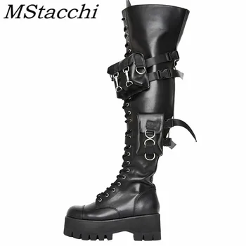 Mstacchi Stor Størrelse 35-44 Snøre Metal Dekoration Kvinder Lange Støvler 2020 Nyt Design, Rund Tå Mode Cool Fru Sko Botas Mujer