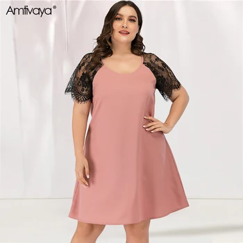 Amtivaya Plus Size Kjole Til Kvinder Sommeren 2020 Elegante O-Hals Chiffon Blonde Korte ærmer Party Dress Nat Elegant Pink
