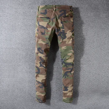 Sokotoo Mænds camouflage trykt patchwork militære biker jeans til moto Slim fit straight army grøn cargo lommer denim bukser