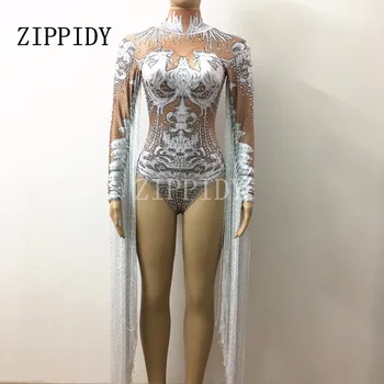 Glisten Rhinestones Hvide Kostume Bodysuit Skinnende Krystaller Kvast Stertch Trikot Kvindelige Sanger, DJ Party Outfit Fejre