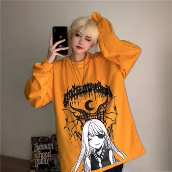 Forår og Efterår Harajuku T-Shirt Kvinder Toppe BF Stil Ugudelige Sjov Demon Girl Udskrive Lange Ærmer Løs t-shirts Kvinde Tøj