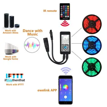 Ewelink RGB LED STRIP WIFI CONTROLLER+IR REMOTEStrip light controller for intelligent liv arbejde med Amazon Alexa og Google startside