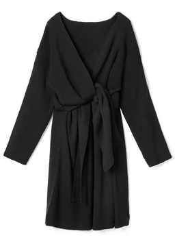 2020 Koreanske Belted Lang Sweater Dress Kvinder Solid Afslappede Bløde Cashmere Kjole Kvinde, Elegant V-Hals Lange Ærmer Kjoler