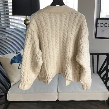 2020 Forår Og Efterår Sweater Håndlavet Hånd-syet Pearl Cardigan Sweater Kvinder Fortykket langærmet Casual Jakke, Frakke