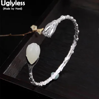 Uglyless Ægte 925 Sterling Sølv Blomst Armbånd til Kvinder, Etniske Gren Open Bangle Natur Jade Magnolia-Armbånd-flotte Smykker