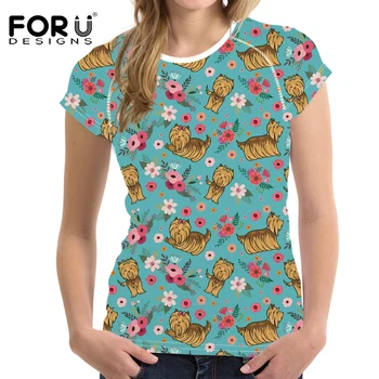 FORUDESIGNS Animal T-shirt Kvinder t-shirts O-Hals Blomster Yorkie Print t-shirt til Kvinder Piger Kawaii Toppe Cool Tee Stor Størrelse