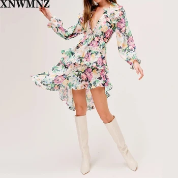 XNWMNZ za Kvinder 2020 Chic Mode Med Blonder Blomster Print Asymmetrisk Mini Kjole Vintage Lange Ærmer Snøre Kvindelige Kjoler