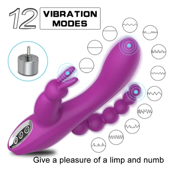 12 Funktion Genopladelig Rabbit Vibrator G spot-og P-spot Anal Vibrator Triple Kurve Klitoris Stimulator Dildo Vibrator til Kvinder