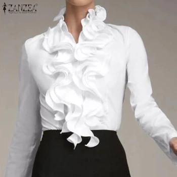 ZANZEA Kvinder Flæser Toppe Casual Foråret Lange Ærmer Kontor Bluse Elegante Flæse Blusas Kvindelige OL Arbejde Shirt med Smarte, Hvide Bluser