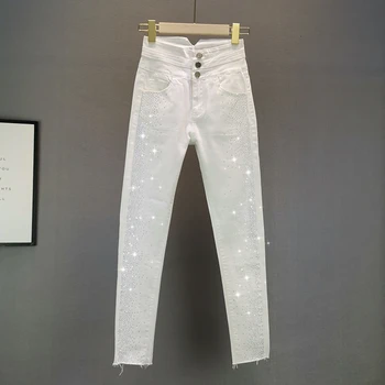 Hvide Jeans for Kvinder 2020 Sommeren Nye Harajuku Rhinestones Blyant Bukser Kvindelige Stramme Denim Bukser med Høj Talje, Stretch Jeans Femme