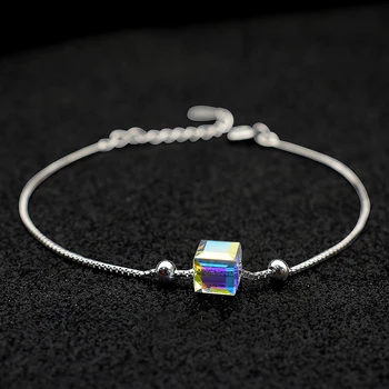 Aurora Square Crystal Ægte 925 Sterling Sølv Armbånd til Kvinder, Kvindelige koreanske Ins Style Box Chain Armbånd Smykker YBR157