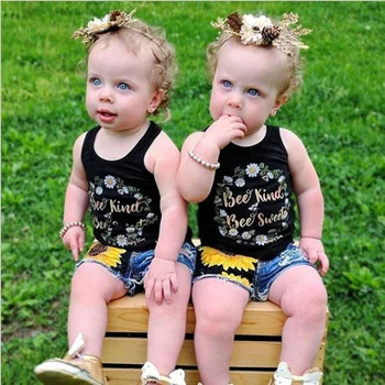 Baby Boy Tøj Solsikke Baby Girl Boutique Tøj, Sort Vest Top+Flossede jeans To Stykke Børn Tøj Sæt Spædbarn Tøj