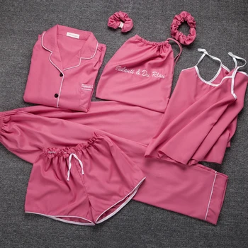 Kawaii damer Nattøj 7 Stykker Sæt Pyjama pink satin silke sexet pyjamas Sæt bløde søde søde Nattøj gaver hjem tøj 2020