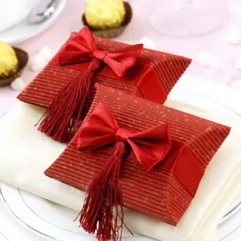 Røde Guld Pude Form gaveæske bryllupsfest Candy Box Elegant Bue-knude, Bølgepap og Sort Dekoration Chocolate Box