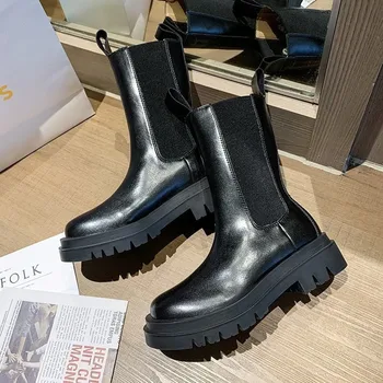2020 Luksus Chelsea Støvler Kvinder Støvler Med Chunky Vinter Sko Platform Støvler Slip På Chunky Heel Tyk Brand Designer