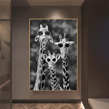 Giraffer med Solbriller på Lærred Maleri Sort Og Hvidt Dyr, Plakater Væg Kunst Billedet Cuadros boligindretning, Rum Udsmykning