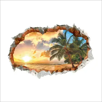 Seabeach Solnedgang Coconut Tree Wall Stickers Til Office-Shop Hjem Kunst Pvc vægoverføringsbilleder Udsmykning Diy 3d Brudt Hul Natur Vægmaleri