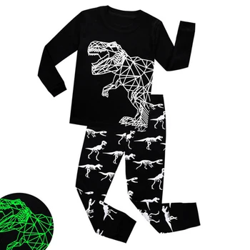 Børn Tegnefilm Nattøj Piger Drenge børnetøj Bomuld Lysende Dinosaur Lang T-shirt+Bukser Familie Jul Pyjamas Sæt