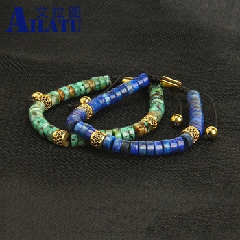 Top Kvalitet med Sorte Cz Cylinder Macrame Armbånd med 6mm Lapis Lazuli & Afrikanske Sten Perler Alle-match Smykker Logo Service