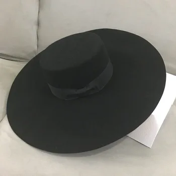 Nye Retro-Stil, Stor Varm Wide Brim Uld Fedora Hat Sort Filt Hat, Bue Fladskærms Floppy Vinter Hat til Kvinder Part Kirke Bryllup Hat