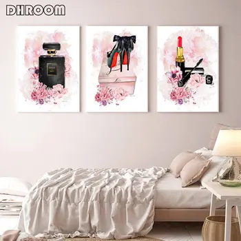 Mode Plakat Print Parfume Høj Hæl Lærred Kunst Maleri Væggen Billedet Moderne Salon Girl Room Decoration Pink Kæreste Gave